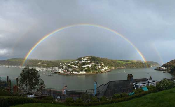 15 March 2020 - 16-33-12 
The second arc had started to disappear, but this is shot in panorama mode on my iPhone.
--------------
Double rainbow over river Dart and Kingswear